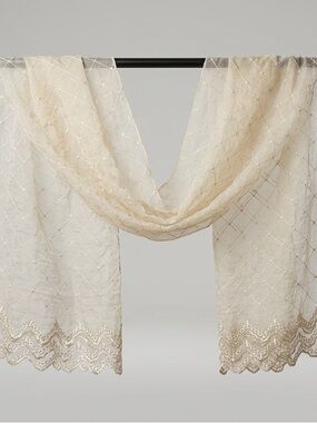 Vintage Embroidered Sheer Window Curtain Scarf Cream/Beige Size 216”x”49”